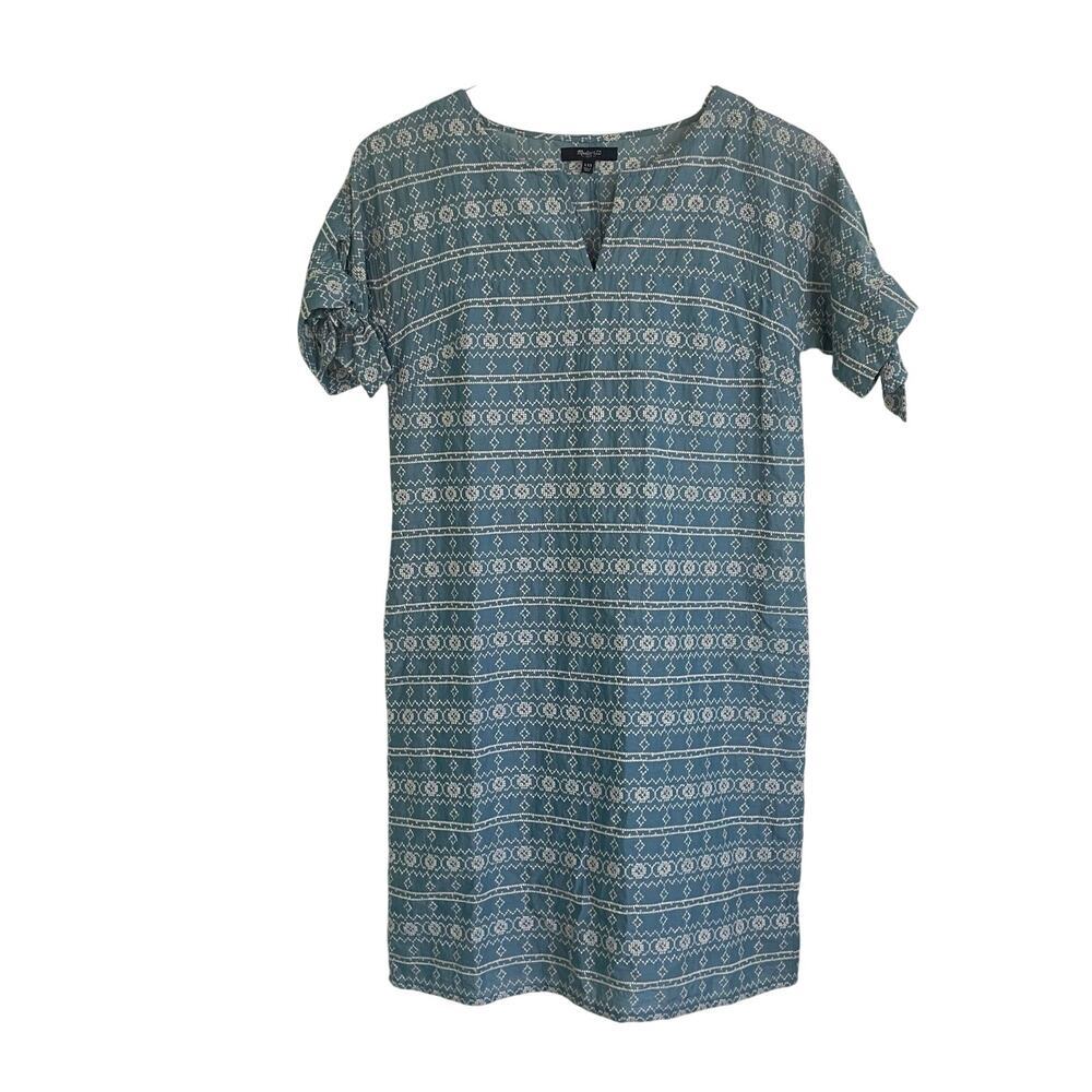 Madewell Blue Embroidered Tie Sleeve Shift Dress Prairie Cottagecore Size XXS